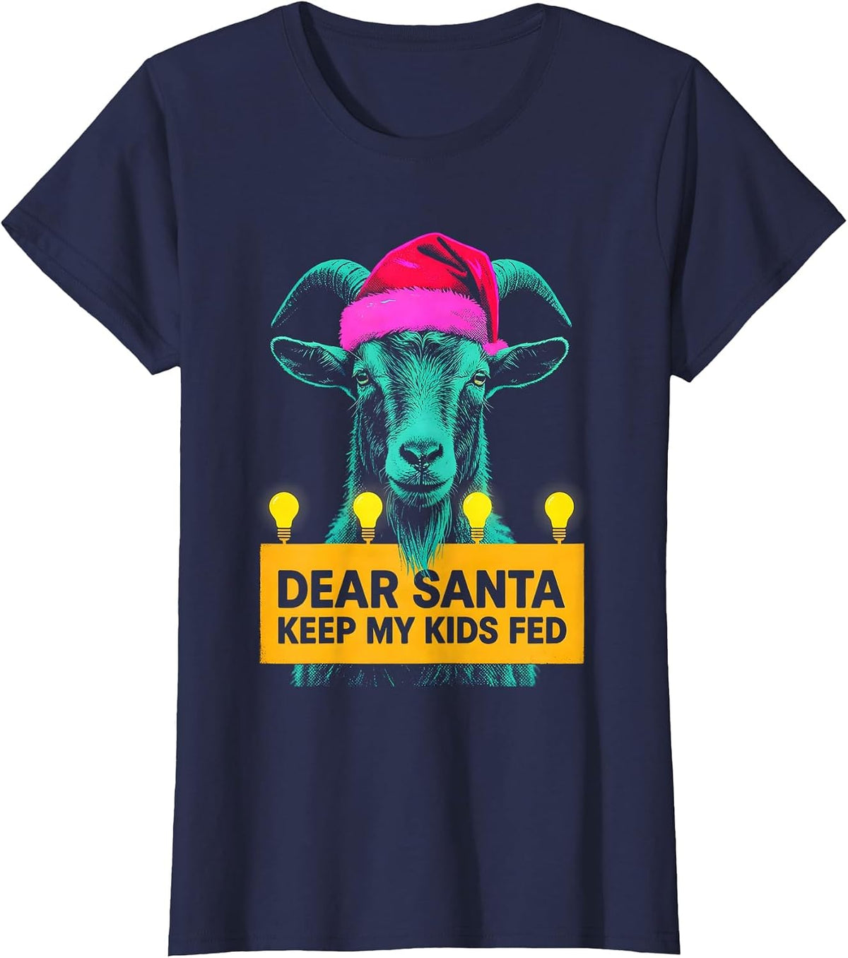 Women's Dear Santa, Keep My Kids Fed Risograph Goat Lover Christmas T-Shirt - Navy Blue