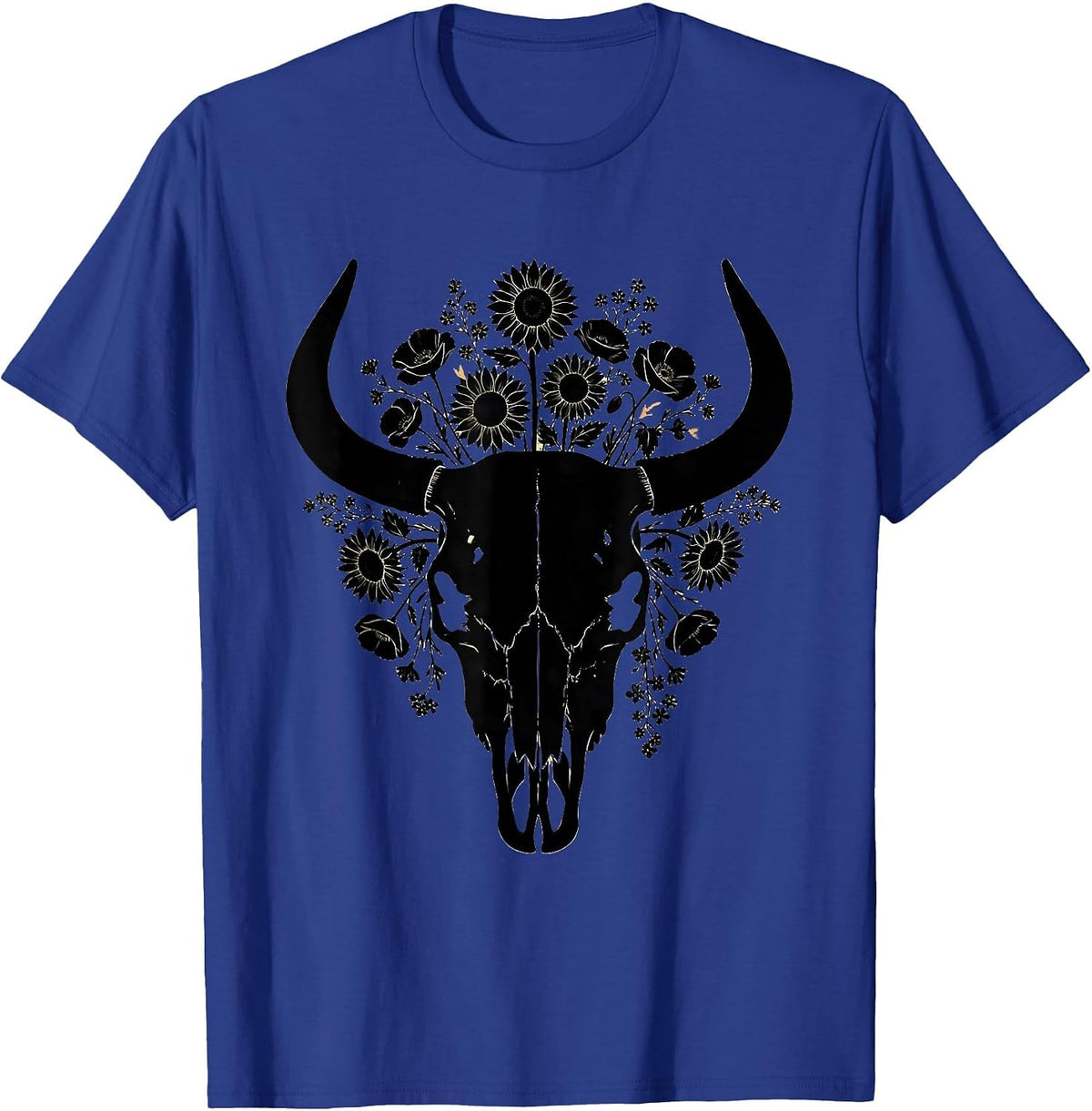 Men's Bull Skull Wildflowers Western Boho Graphic Tee T-Shirt - Royal Blue