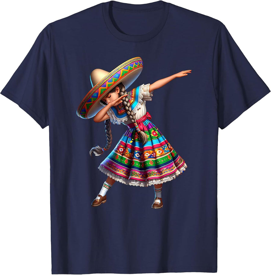 Funny Dabbing Mexican Poncho Sombrero Cinco de Mayo Girl T-Shirt - Navy Blue