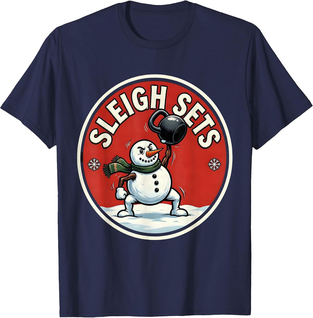 Men's Sleigh Sets Cartoon Christmas Weightlifting Gym Humor T-Shirt - Navy Blue