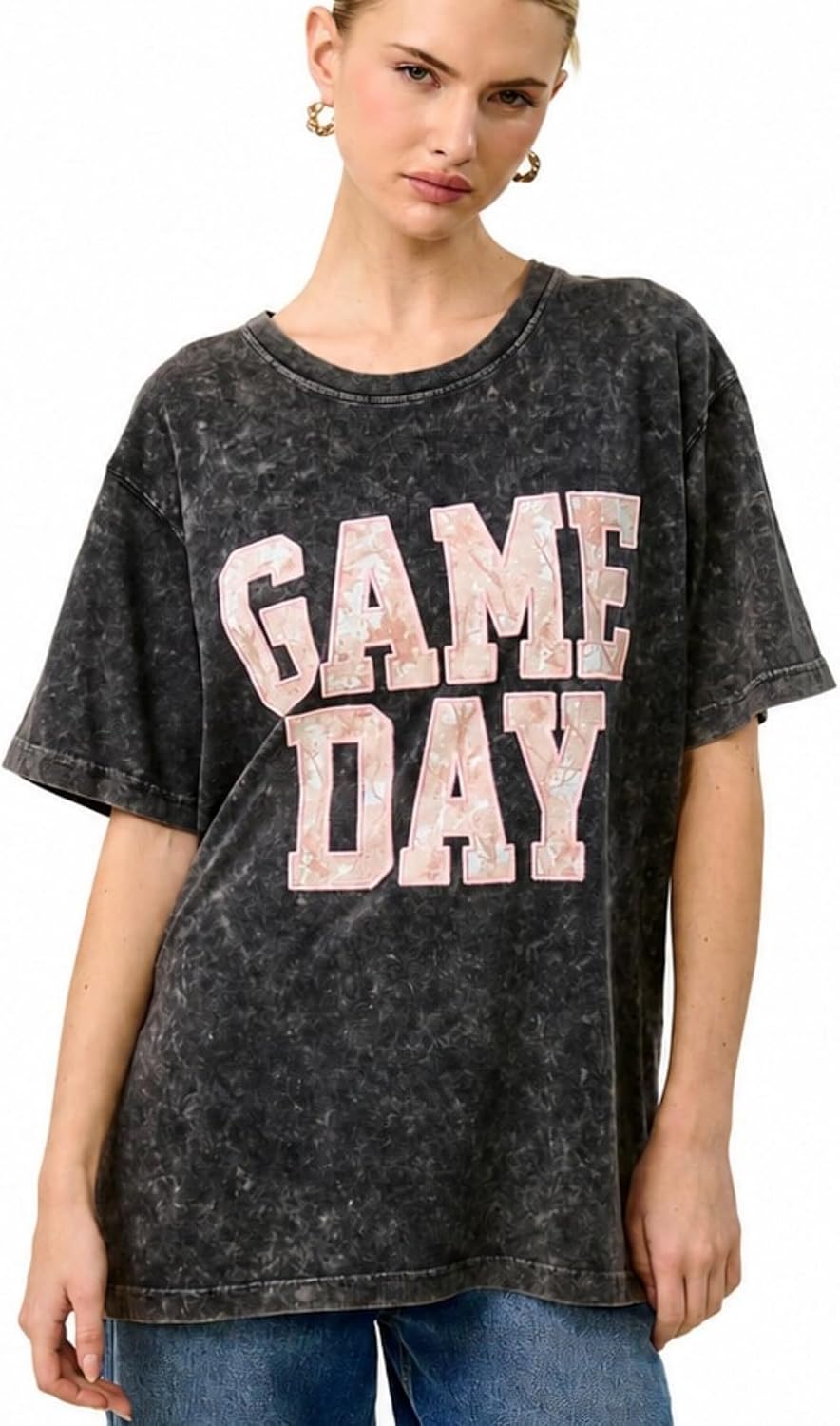 Womens Oversized Graphic Tee Vintage Mineral Washed Loose Fit Boho Western Rock T Shirt - Gameday Black