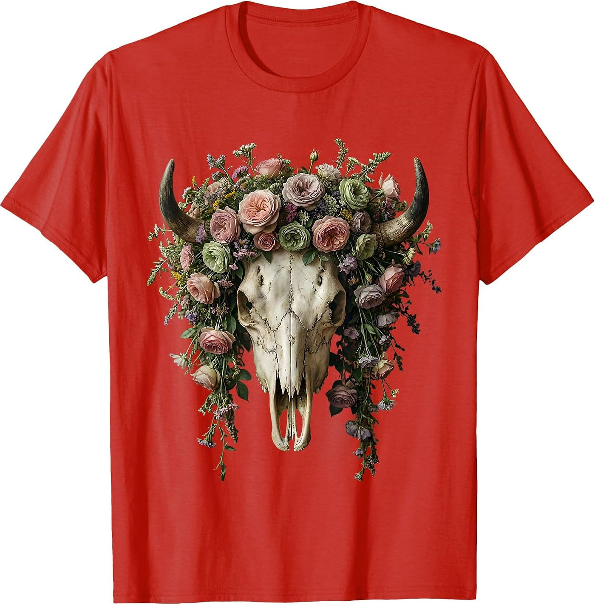 Men's Bull Skull Pastel Floral Crown Western Boho Design T-Shirt - Red