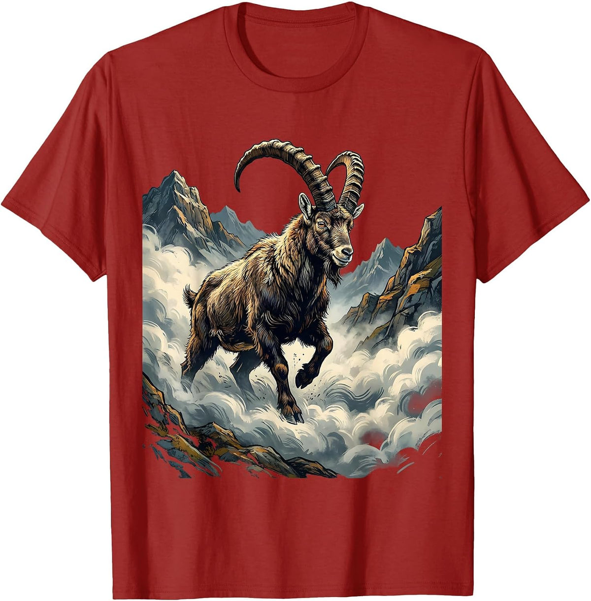Goat Emerging From Mountain Fog Illustration T-Shirt - Cranberry Red