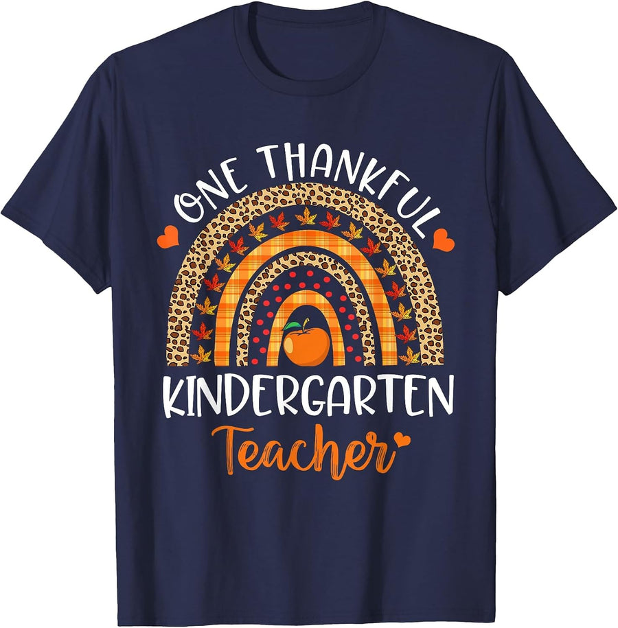 One Thankful Kindergarten Teacher Thanksgiving Rainbow Funny T-Shirt - Navy Blue