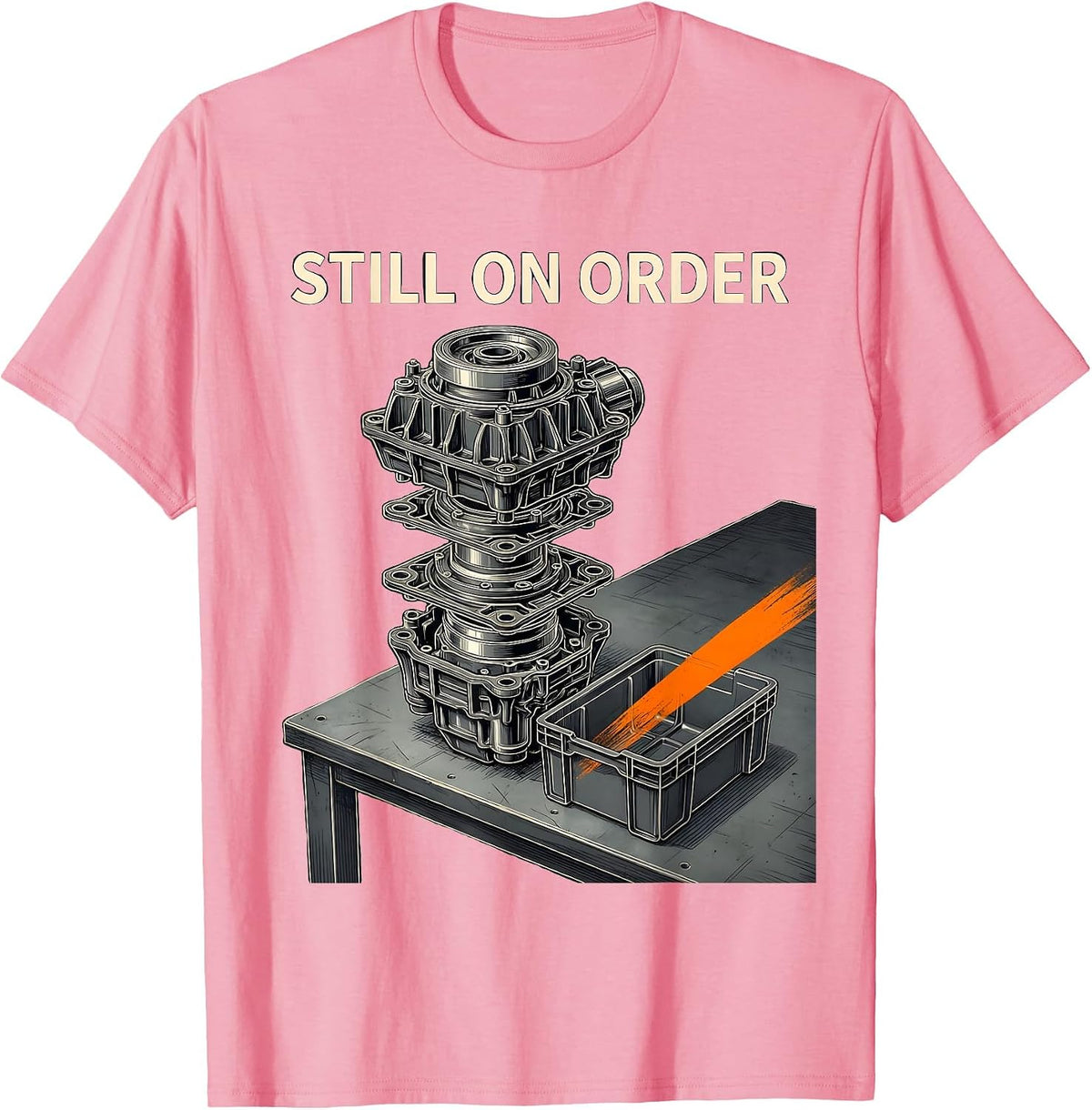 Men's Still On Order Exploded View Technical Auto Mechanic Waiting T-Shirt - Pink