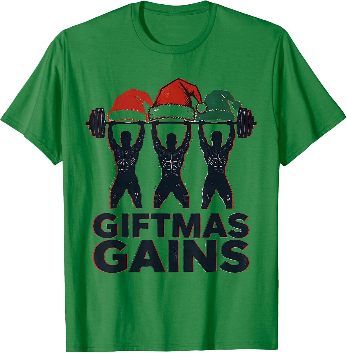 Men's Giftmas Gains Linocut Funny Christmas Gym Weightlifting T-Shirt - Kelly Green