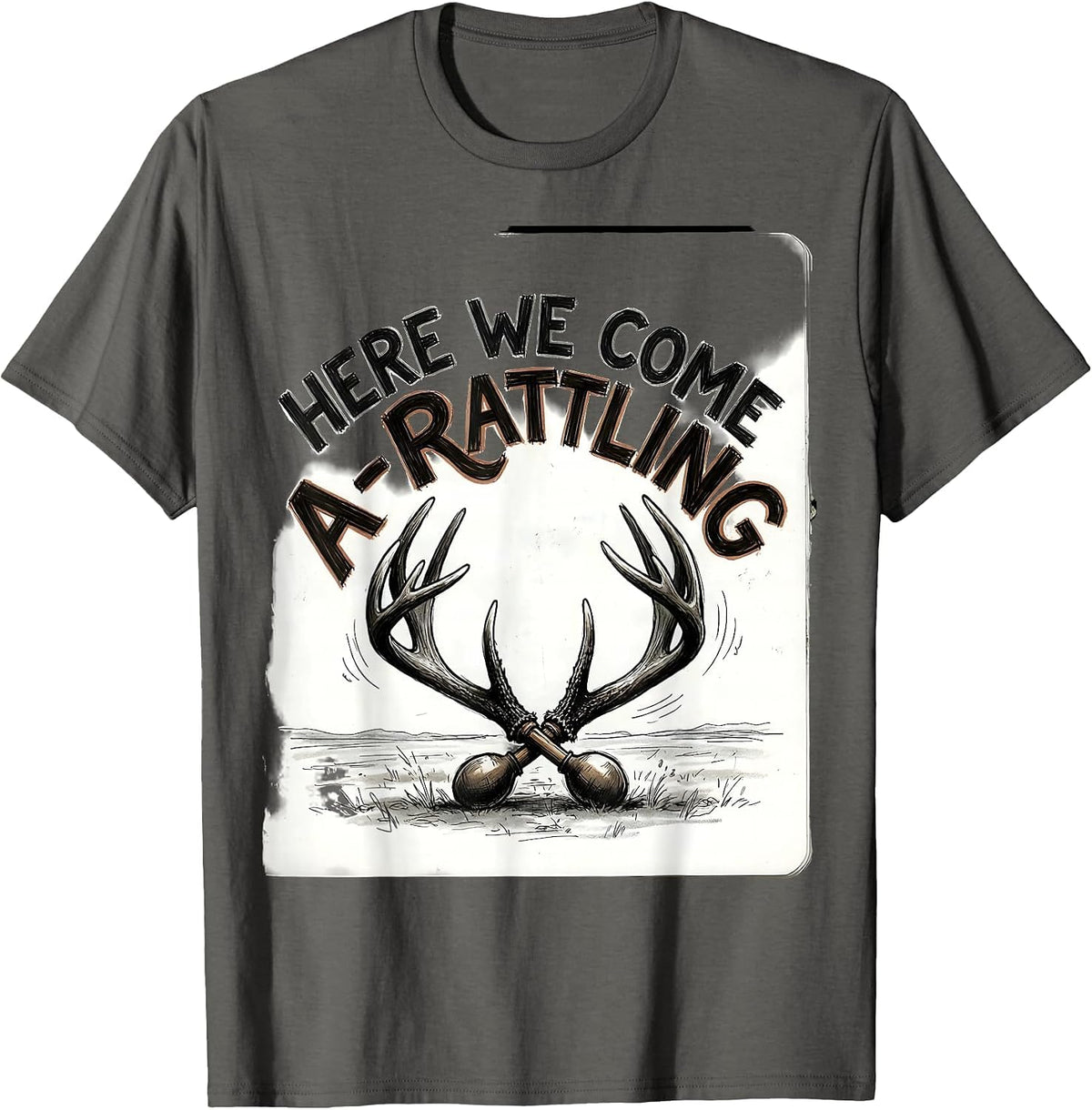 Here We Come A-Rattling Funny Christmas Deer Hunter Hunting T-Shirt - Asphalt Grey