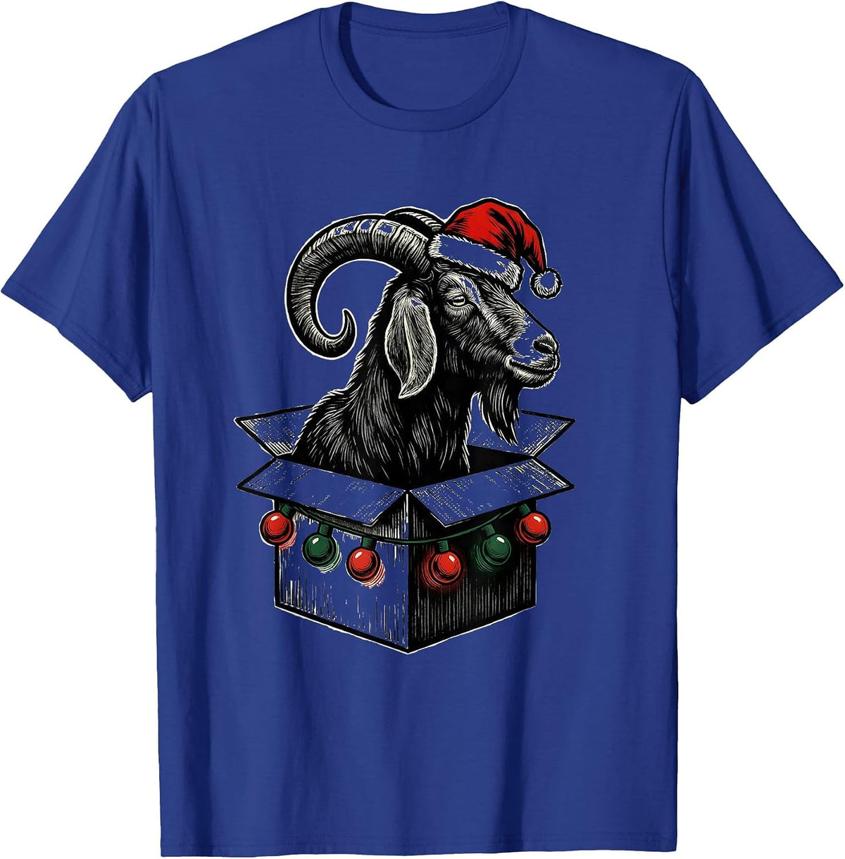 Men's Goat Christmas Lights Linocut Farm Animal Humor T-Shirt - Royal Blue