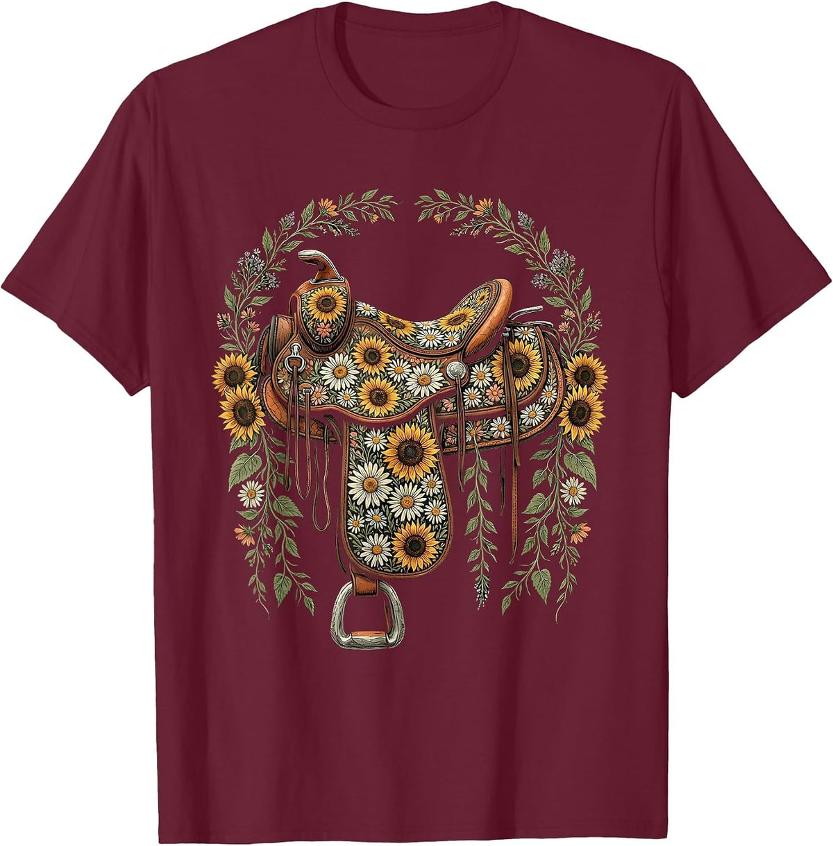 Western Saddle Wildflowers Boho Cowgirl Graphic T-Shirt - Burgundy