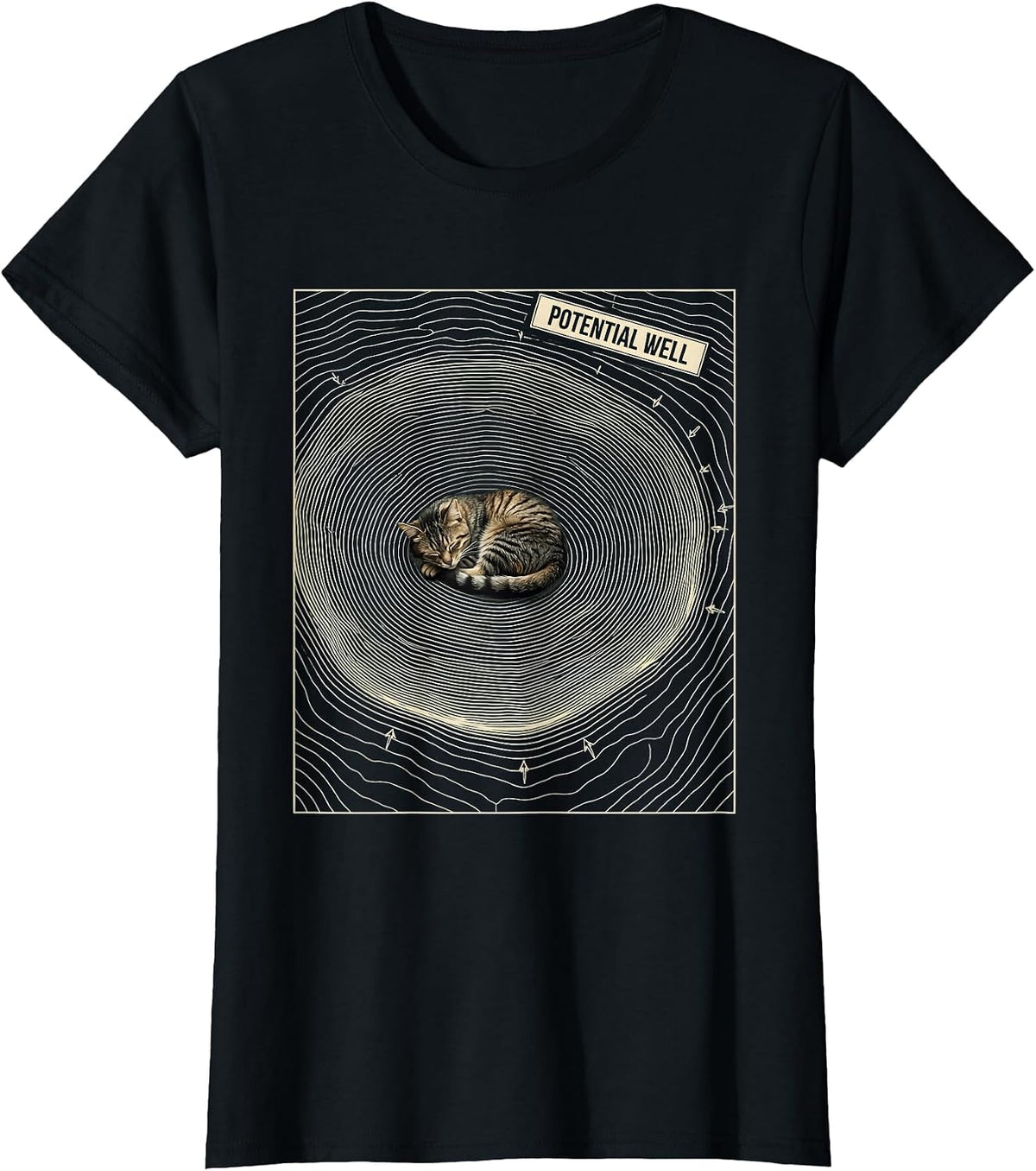 Women's Potential Well Topographic Contour Funny Cat Science Pun T-Shirt - Black