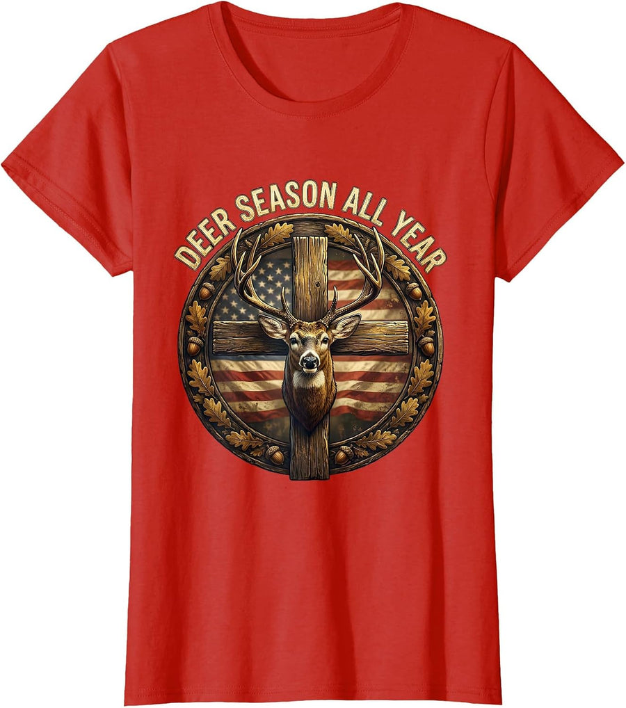 Women's Deer Season All Year Hunting Graphic Design T-Shirt - Red