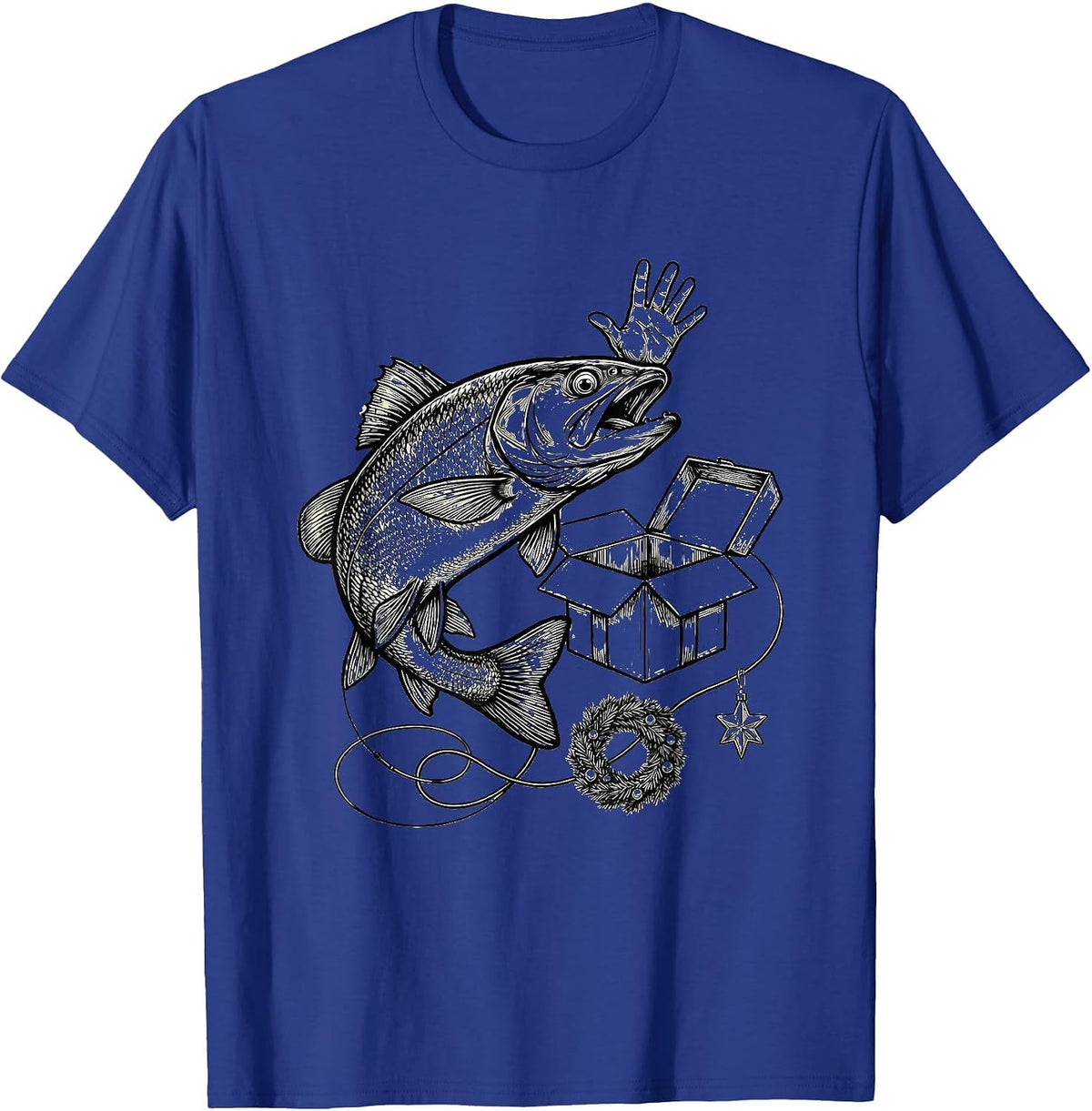 Men's Cheerful Trout Gift Box Christmas Fishing Humor T-Shirt - Royal Blue