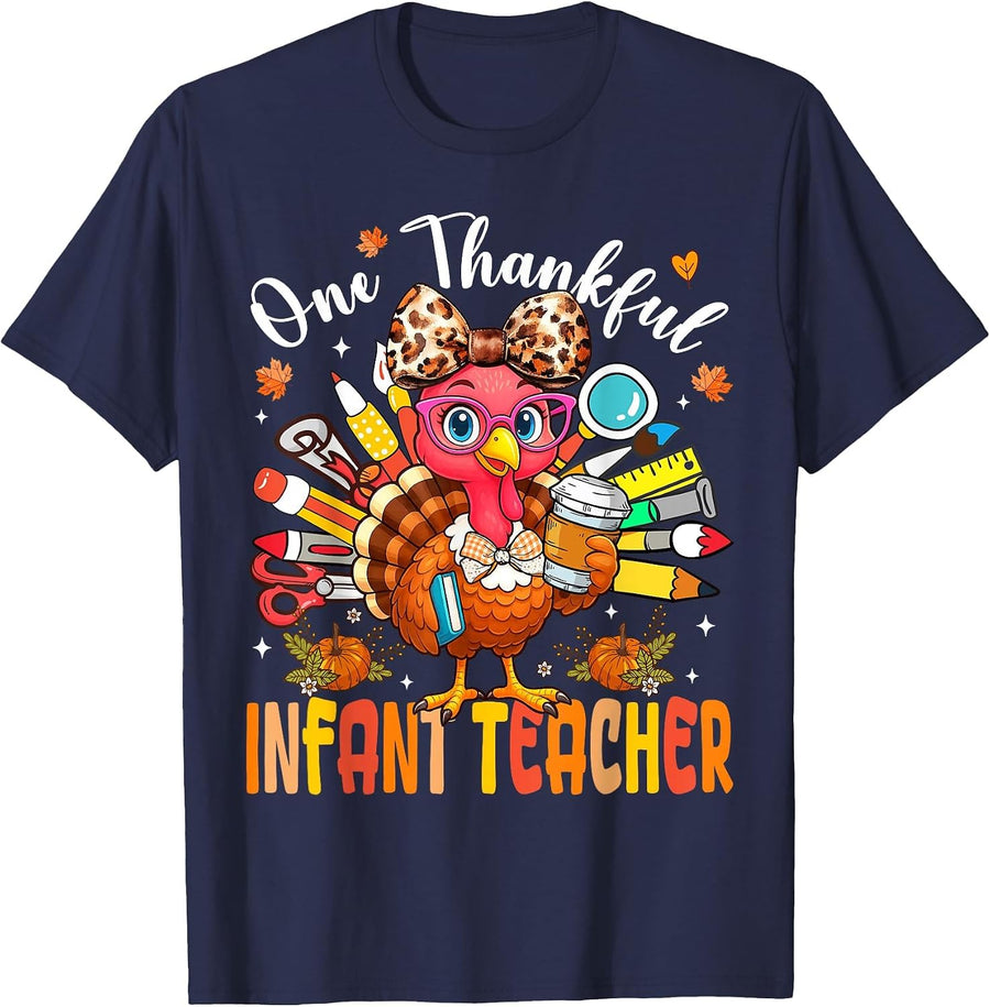 Cute One Thankful Infant Teacher Thanksgiving Turkey Pencil T-Shirt - Navy Blue