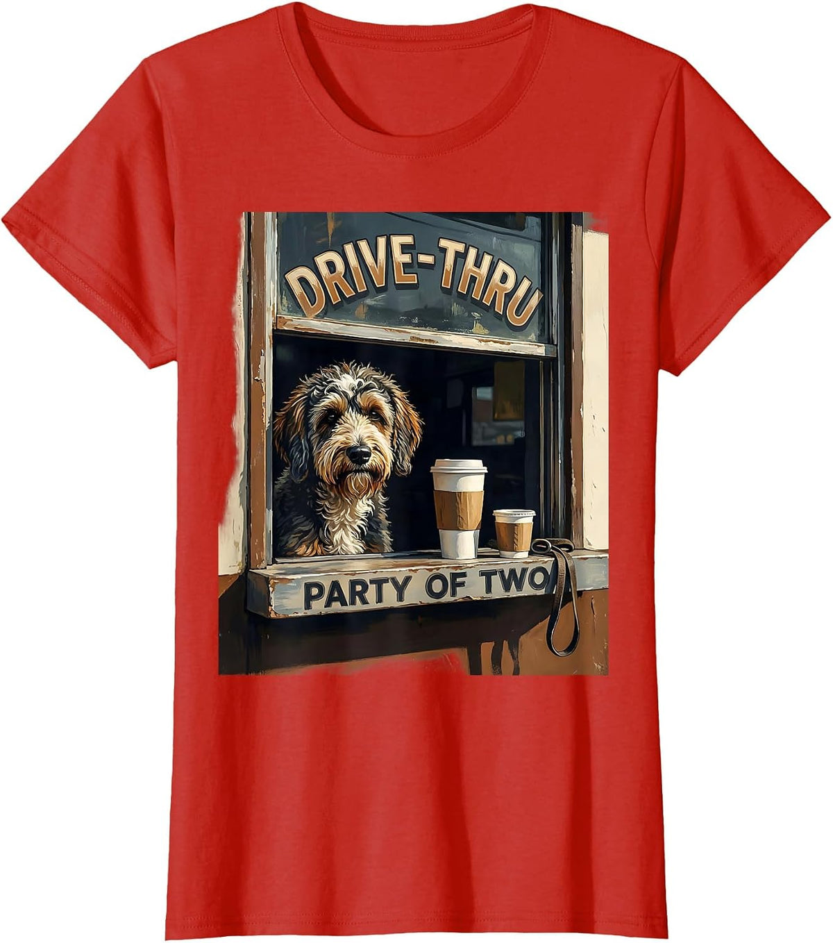 Women's Drive-Thru Party Of Two Funny Bernedoodle Coffee Lover Gift T-Shirt - Red