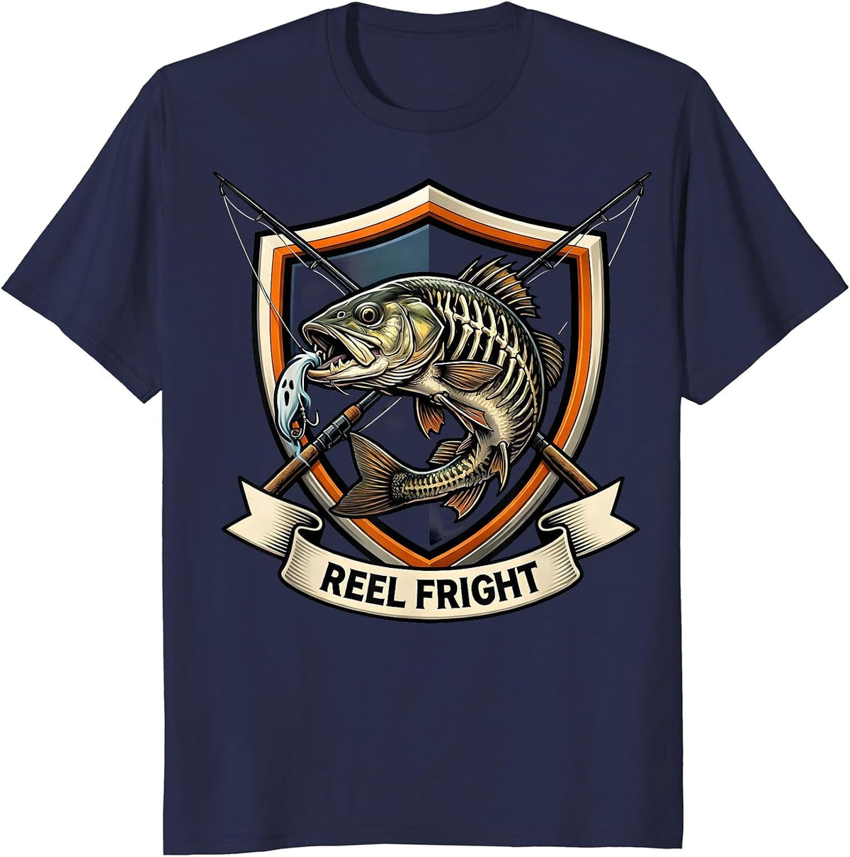 Men's Reel Fright Emblem Halloween Fishing Ghost Trout Men Boys T-Shirt - Navy Blue