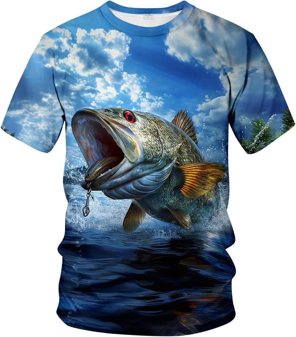 Funny Fishing Graphic T-Shirt Novelty Short Sleeve Crewneck Shirt - Blue