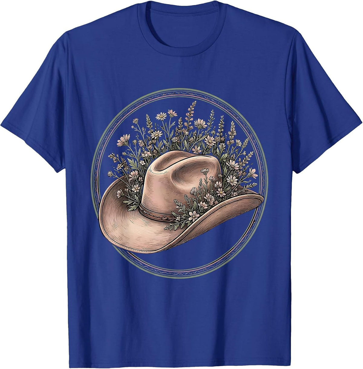 Cowgirl Hat Wildflowers Rodeo Illustration T-Shirt - Royal Blue