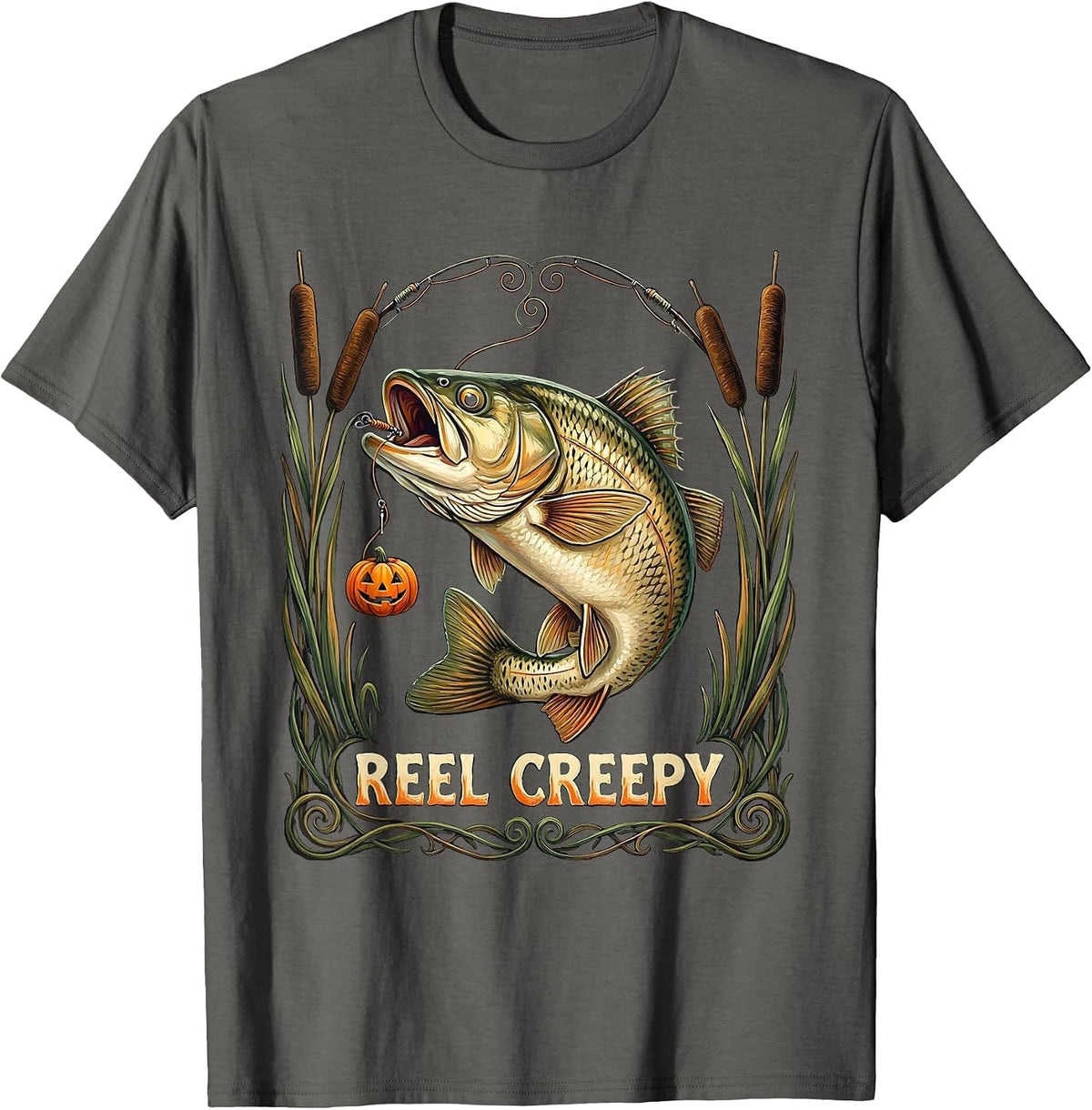 Reel Creepy Folk Art Halloween Fishing Ghost Trout Gift T-Shirt - Asphalt Grey
