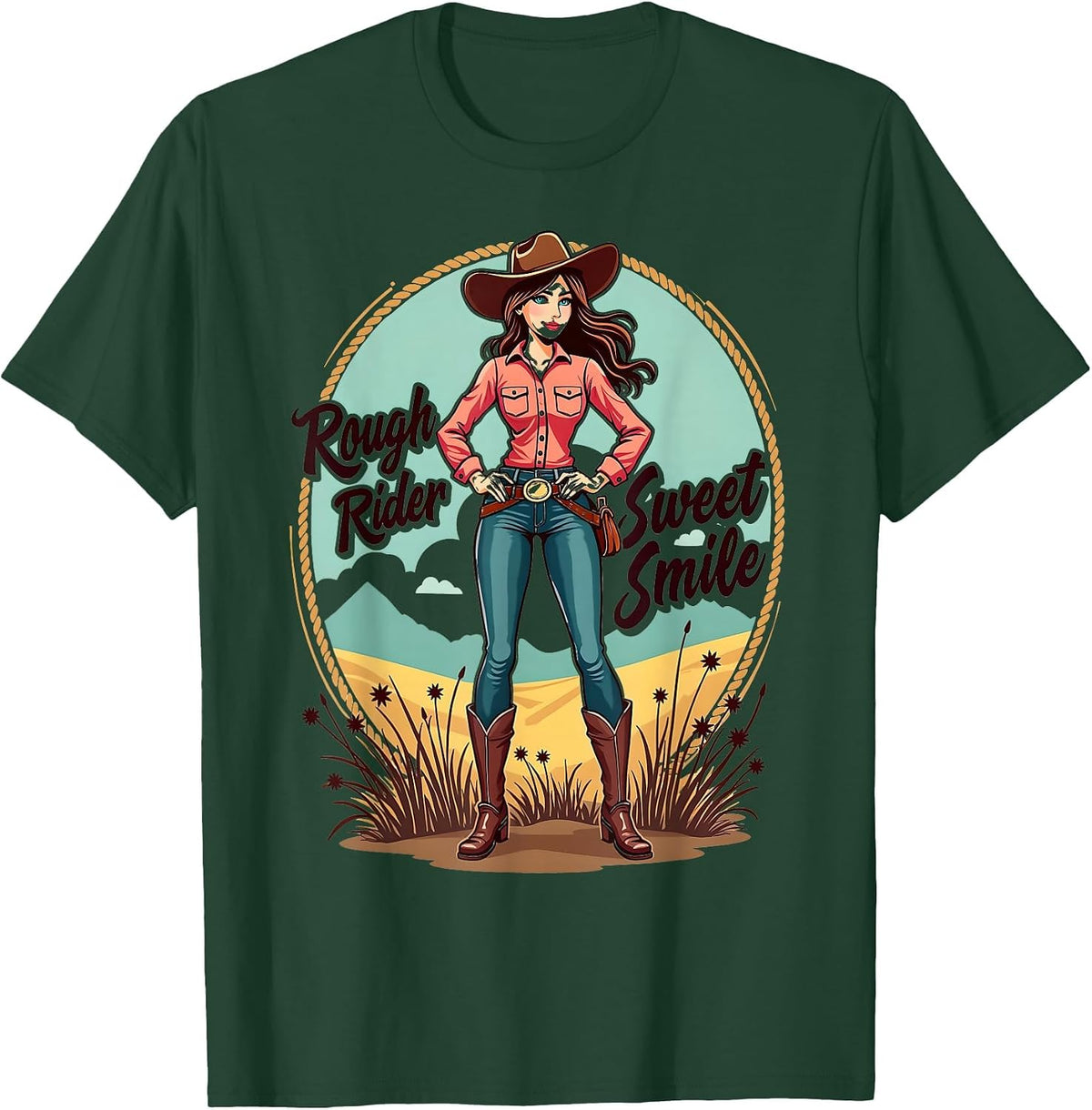 Rough Rider Sweet Smile Western Rodeo Mama Design T-Shirt - Dark Green