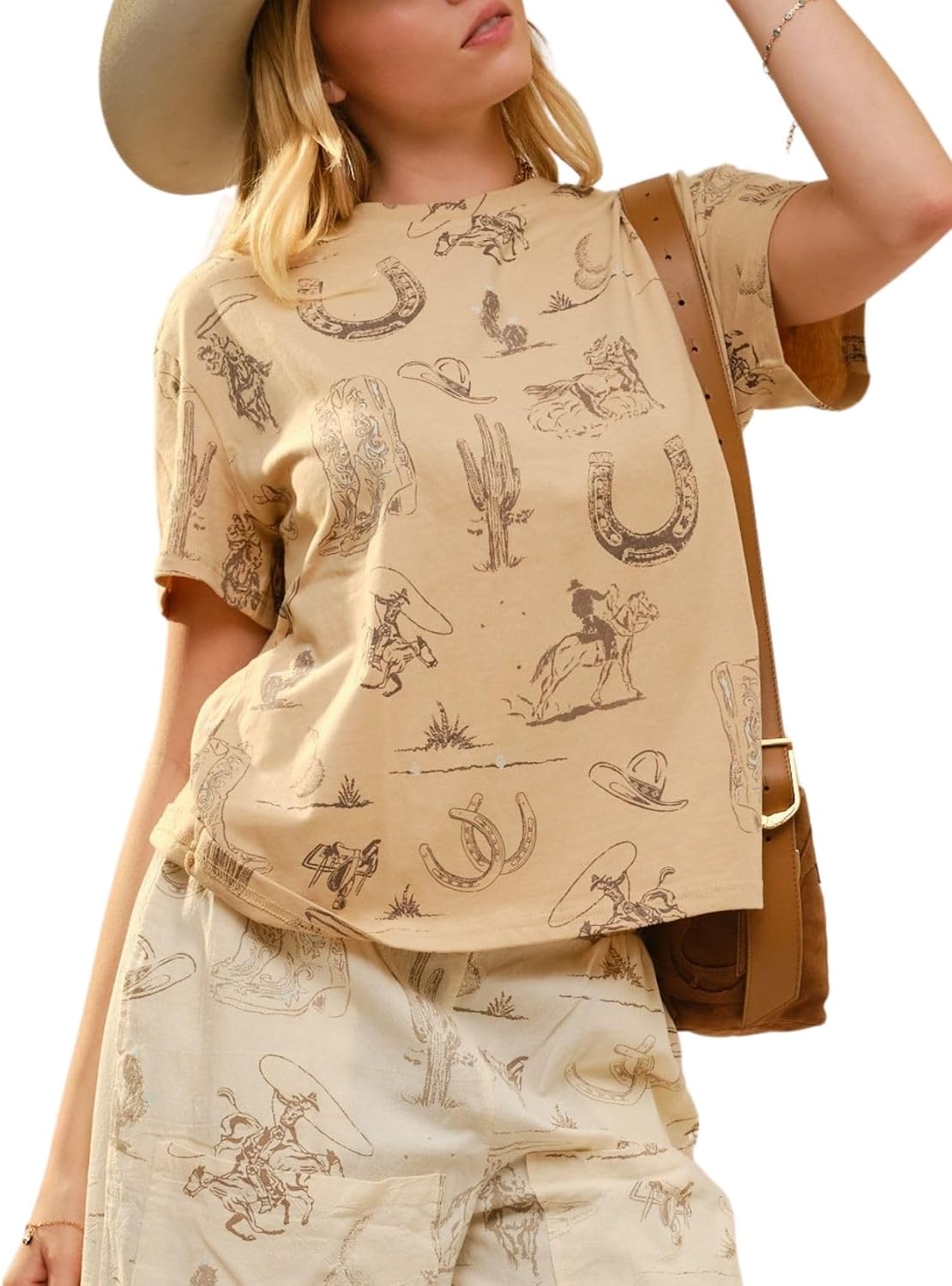 Women's Western Graphic Print Crew Neck Tee Drop Shoulder Casual Cowgirl Short Sleeve T-Shirt - Cream