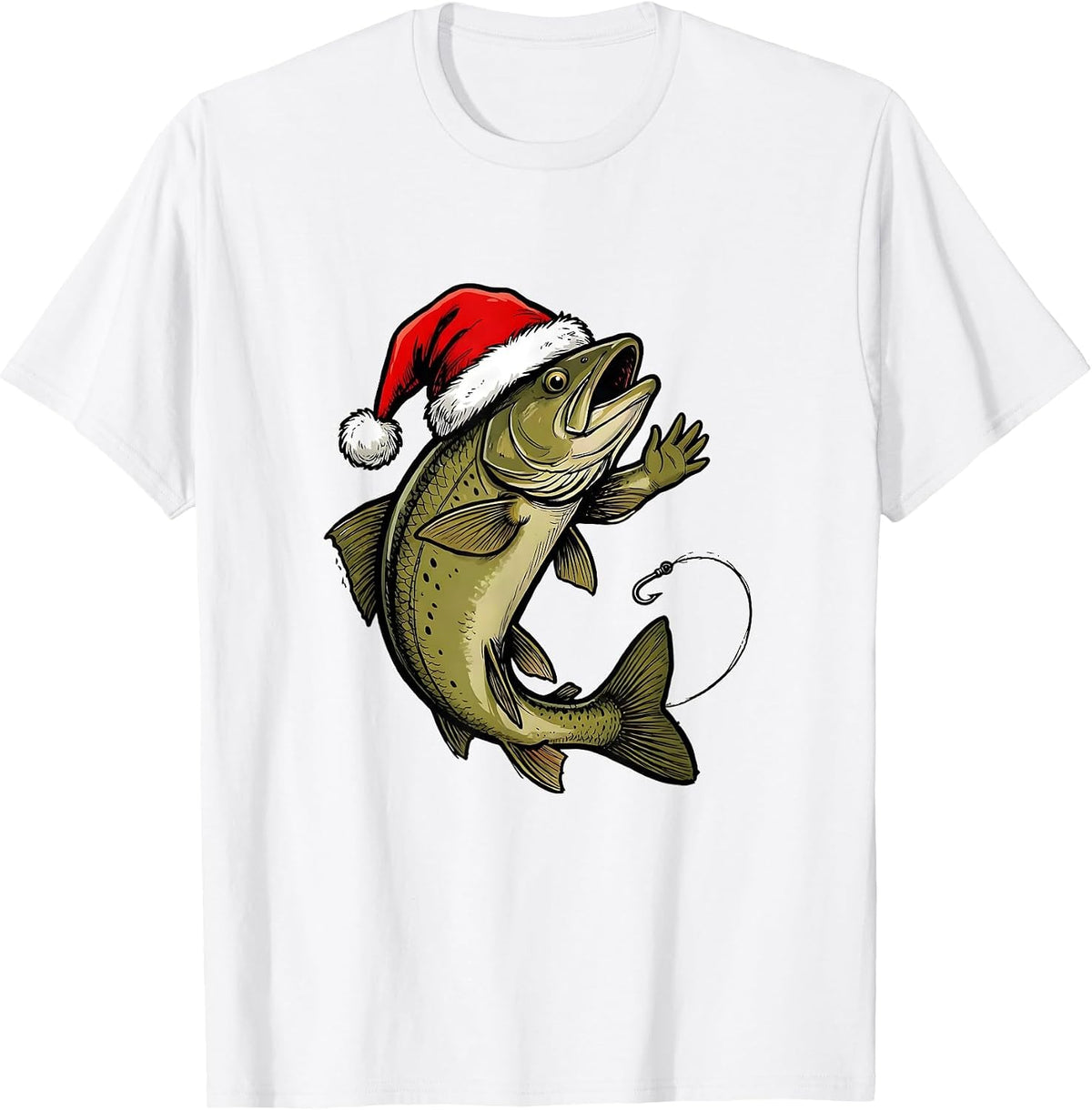 Men's Leaping Trout Santa Hat Christmas Fishing Gift T-Shirt - White