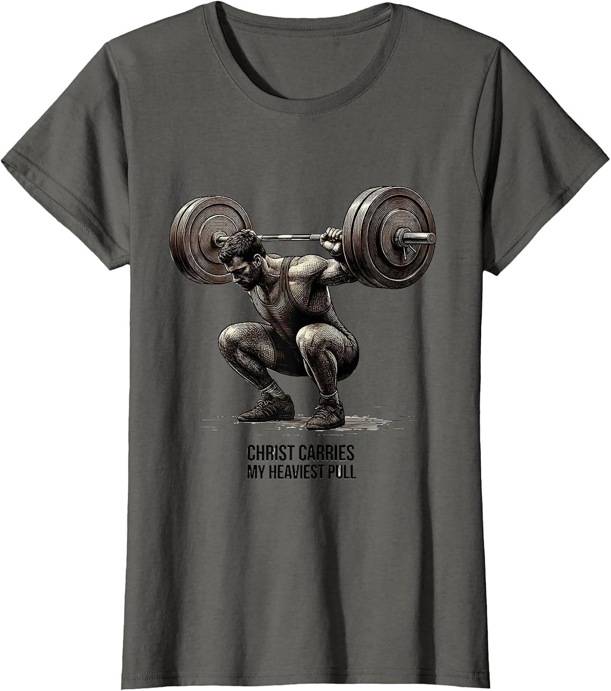 Women's Christ Carries My Heaviest Pull Faith Motivation Gym T-Shirt - Asphalt Grey