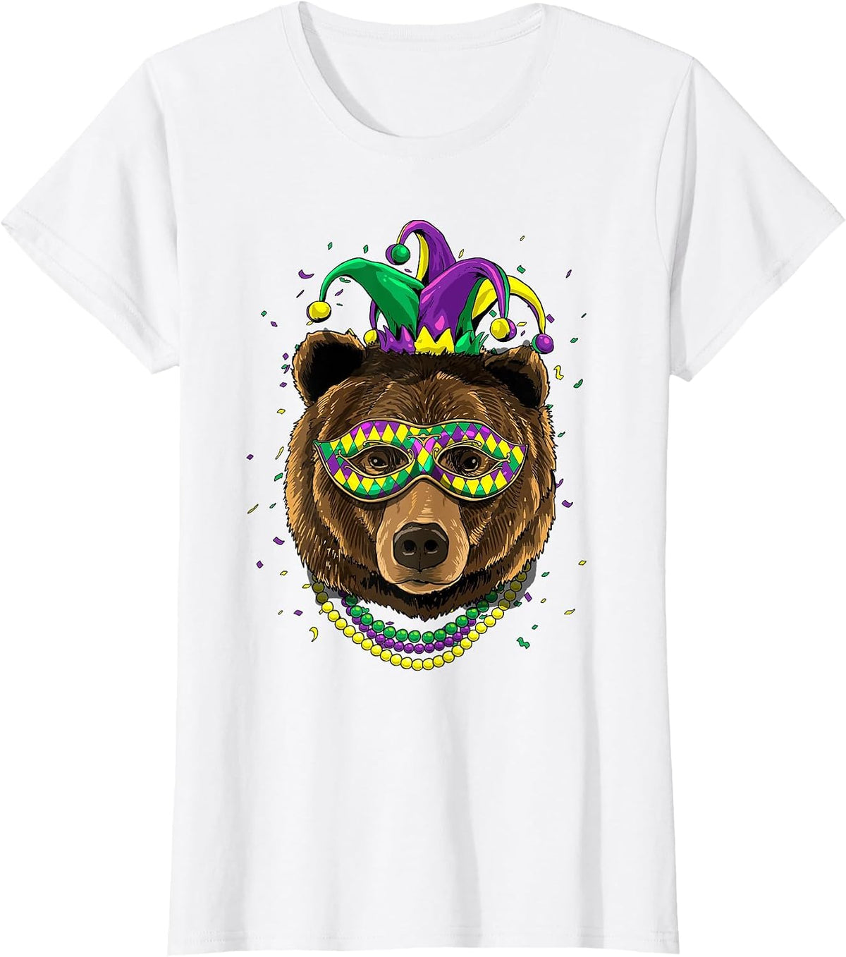 Bear Animal Lover Cute Mardi Gras Carnival Jester T-Shirt, Women, White, Medium - As Pictured