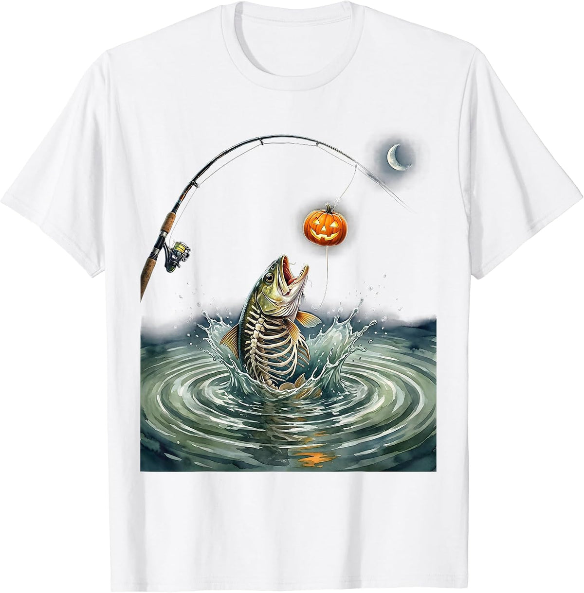 Skeletal Trout Watercolor Halloween Fishing Angler Gift T-Shirt - White