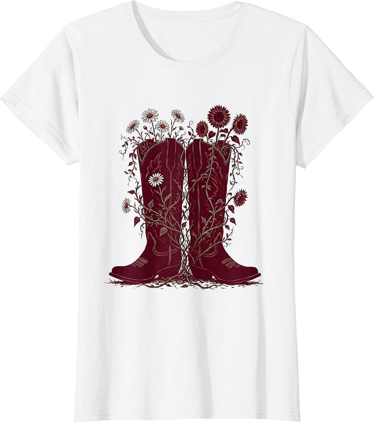 Red Cowboy Boots Wildflower Vines Country Music Art T-Shirt - White