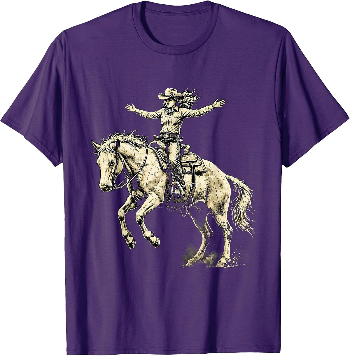Cowgirl Riding Bucking Bronco Western Rodeo Art T-Shirt - Purple