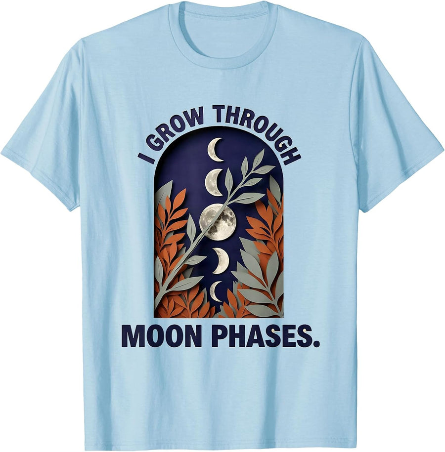 Men's I Grow Through Moon Phases Mystic Celestial Botanical Boho T-Shirt - Baby Blue