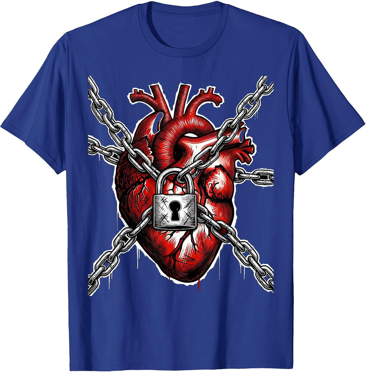 Grunge Chained Heart Padlock Graphic T-Shirt - Royal Blue