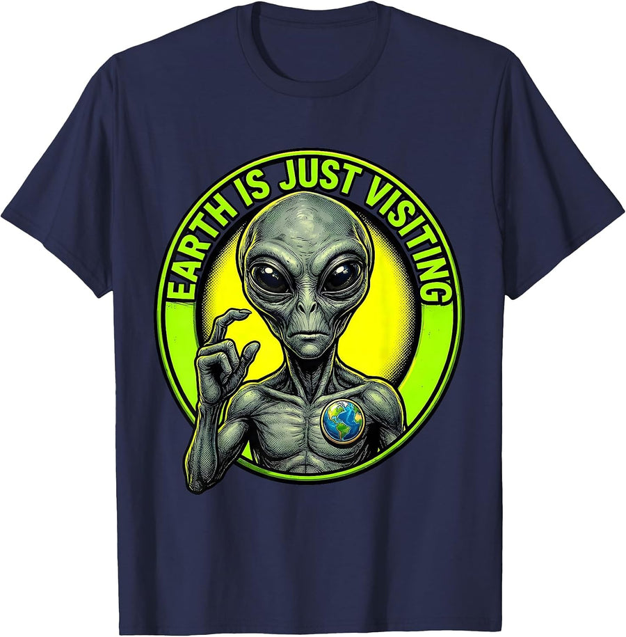 Earth Is Just Visiting Alien Graphic Design T-Shirt - Navy Blue
