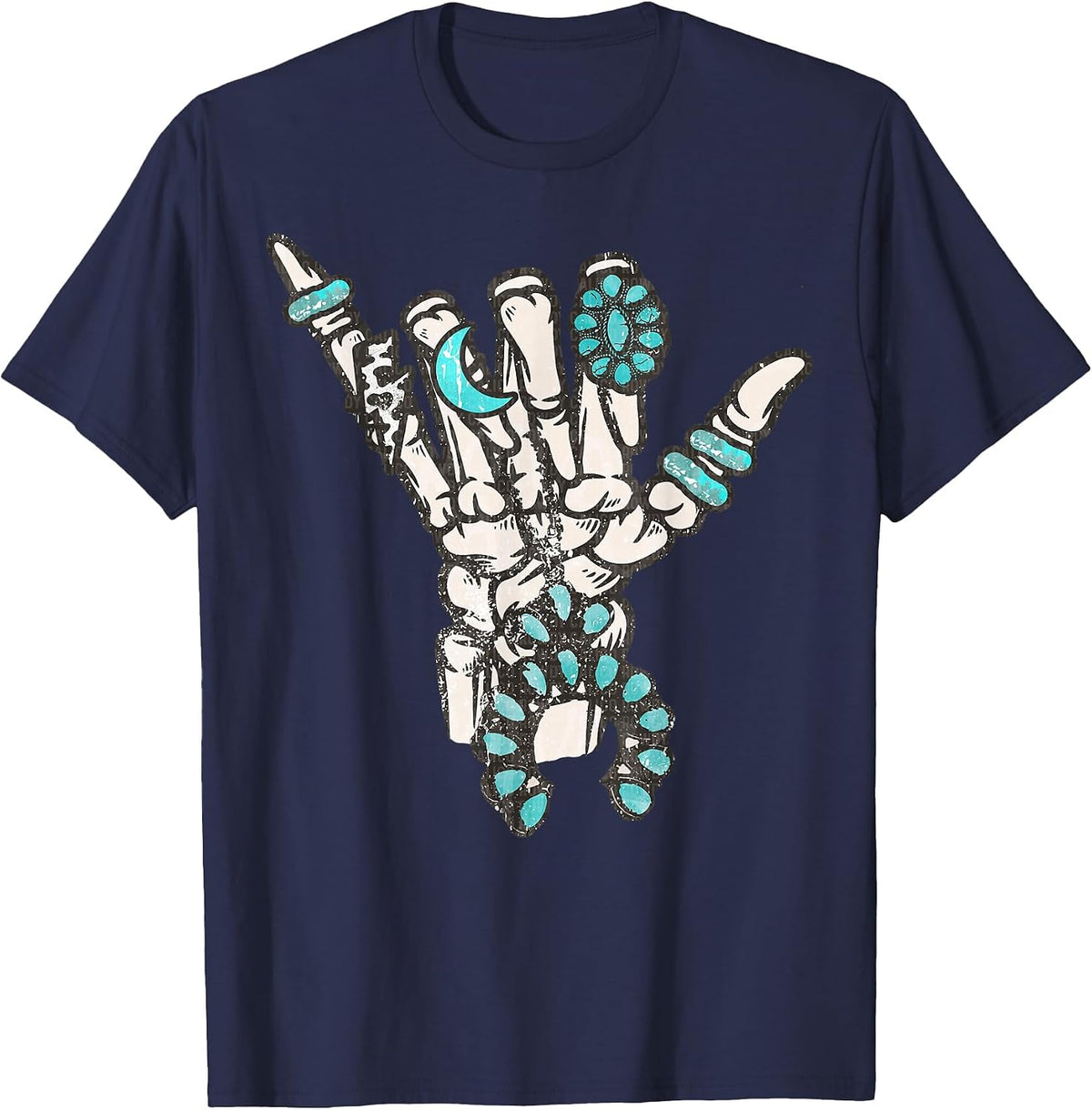 Western Turquoise Rings Skeleton Hands Cowgirl T-Shirt - Navy Blue