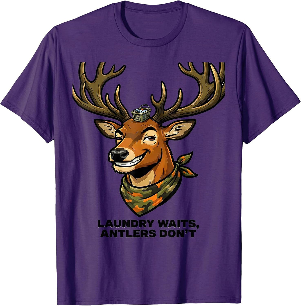 Men's Laundry Waits, Antlers Don't Funny Cartoon Deer Hunting Camo T-Shirt - Purple