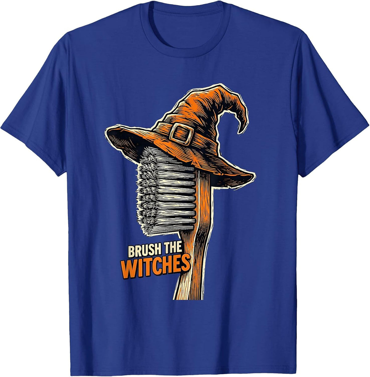 Men's Brush the Witches Linocut Funny Dental Halloween Costume T-Shirt - Royal Blue