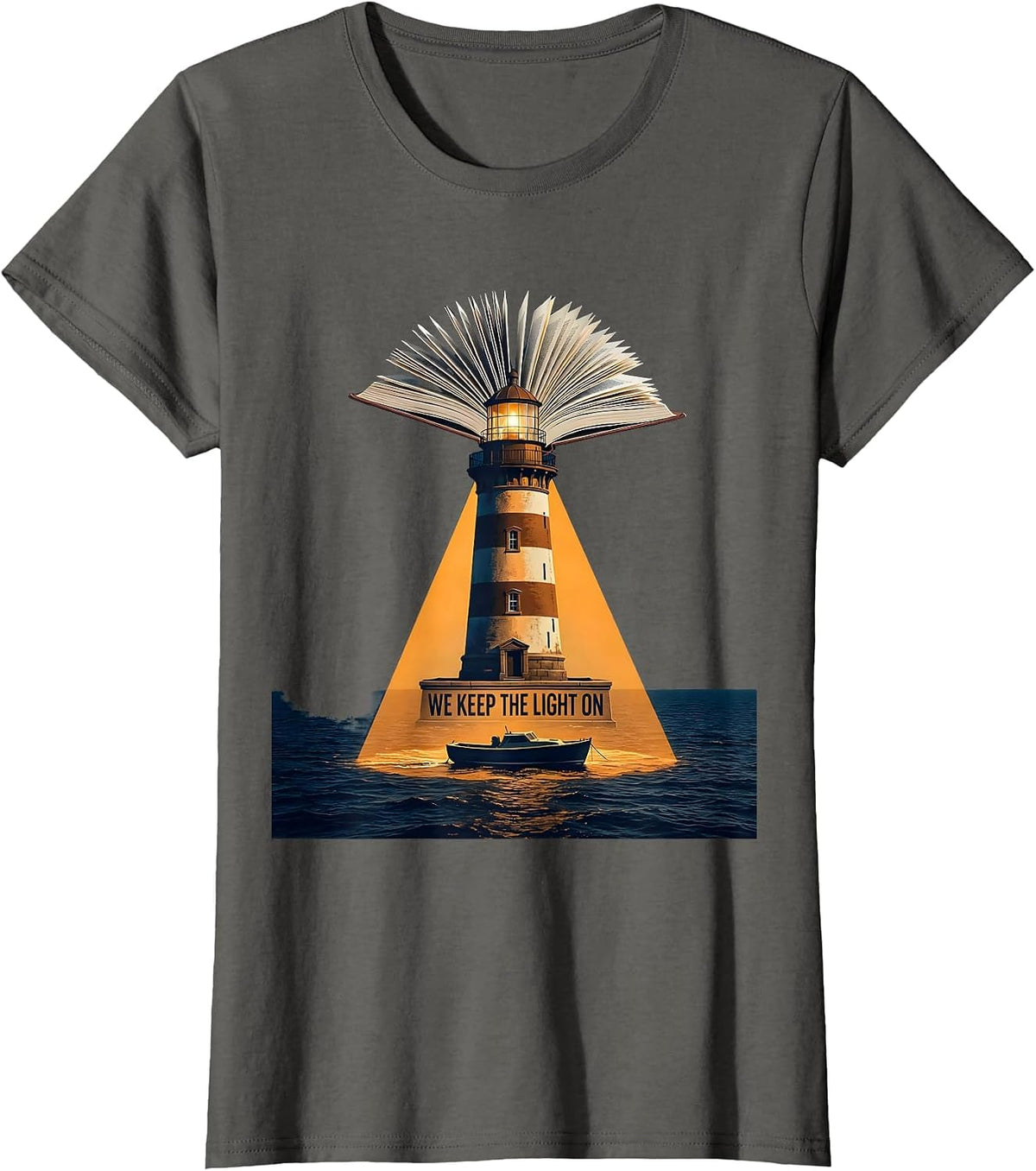 Women's We Keep The Light On Funny Bookworm Reader Literacy Humor T-Shirt - Asphalt Grey