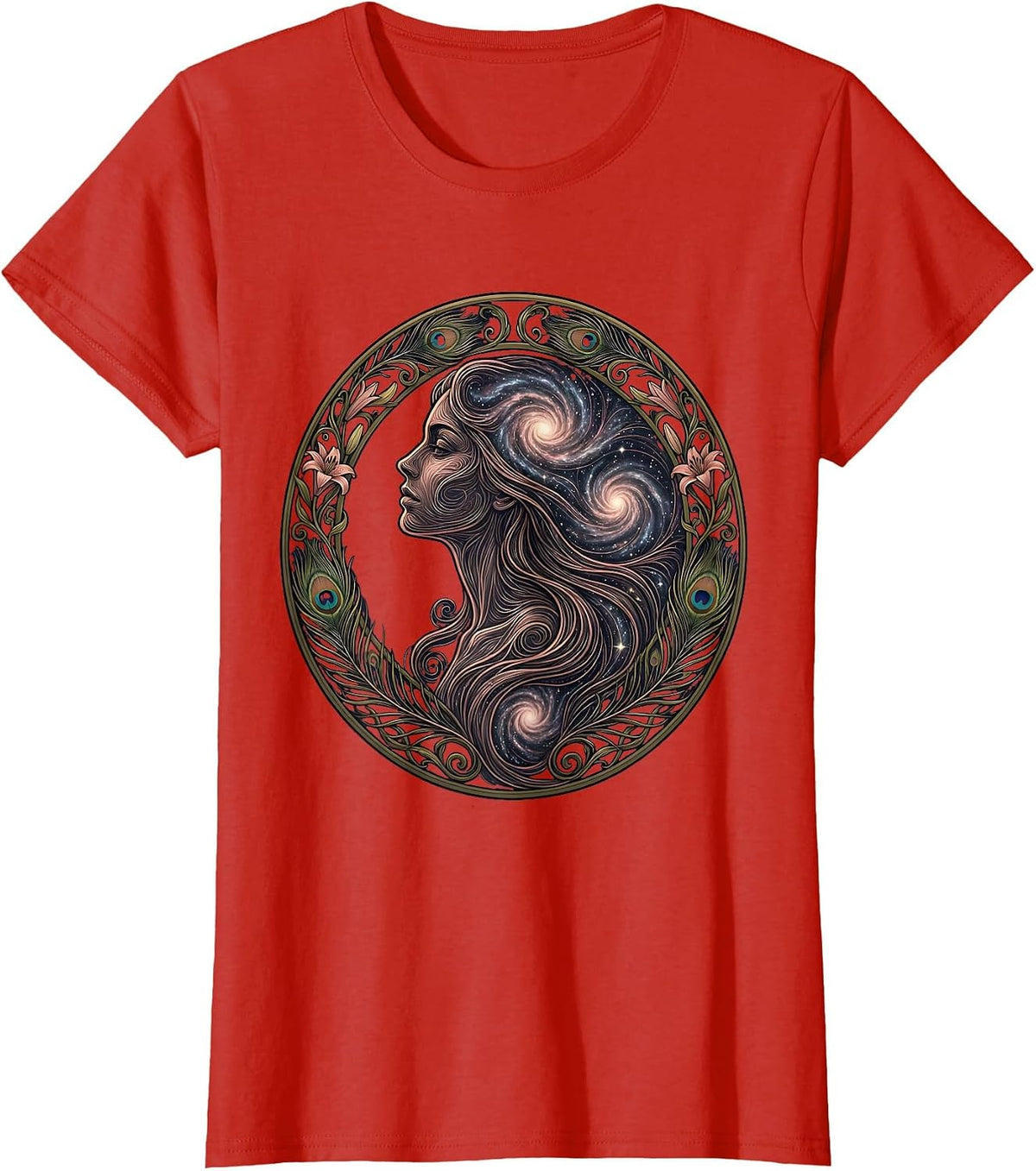 Women's Cosmic Soul Woman Profile Galaxy Art T-Shirt - Red