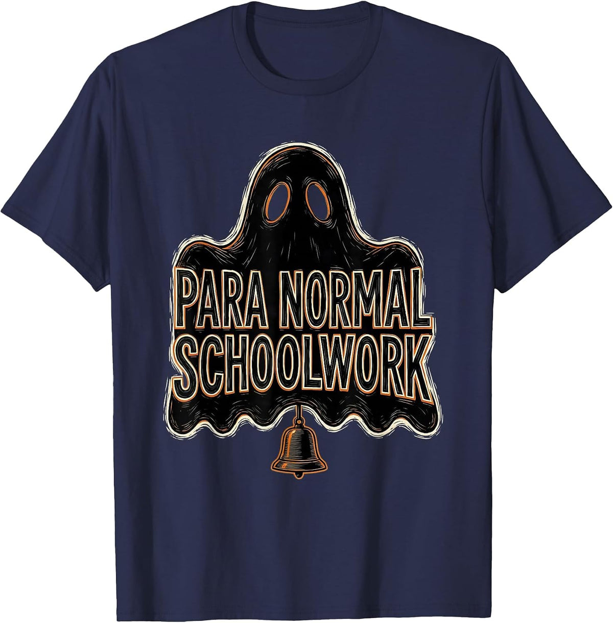 Men's Para Normal Schoolwork Linocut Ghost Paraeducator Halloween T-Shirt - Navy Blue
