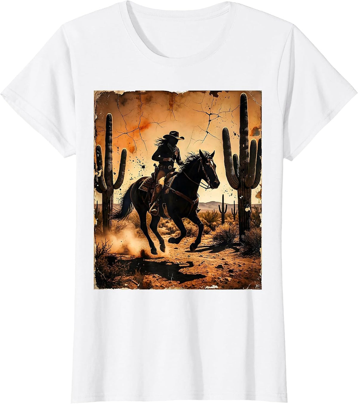 Cowgirl Riding Horse Desert Cactus Rodeo T-Shirt - White