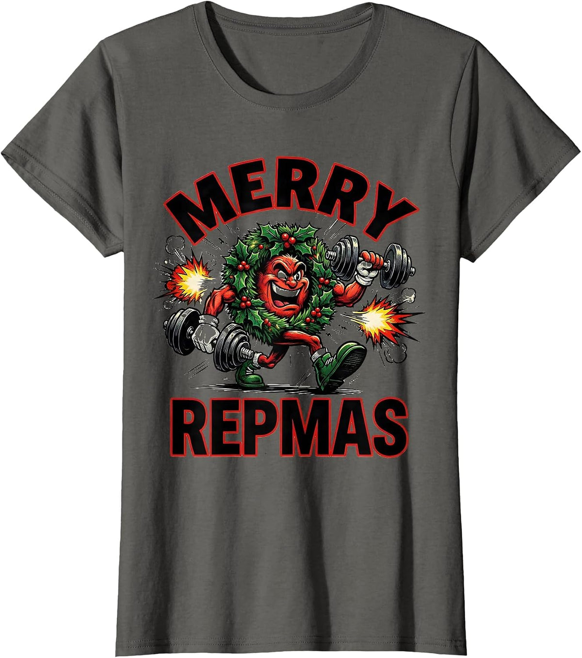 Women's Merry Repmas Comic Book Gym Workout Christmas Humor T-Shirt - Asphalt Grey