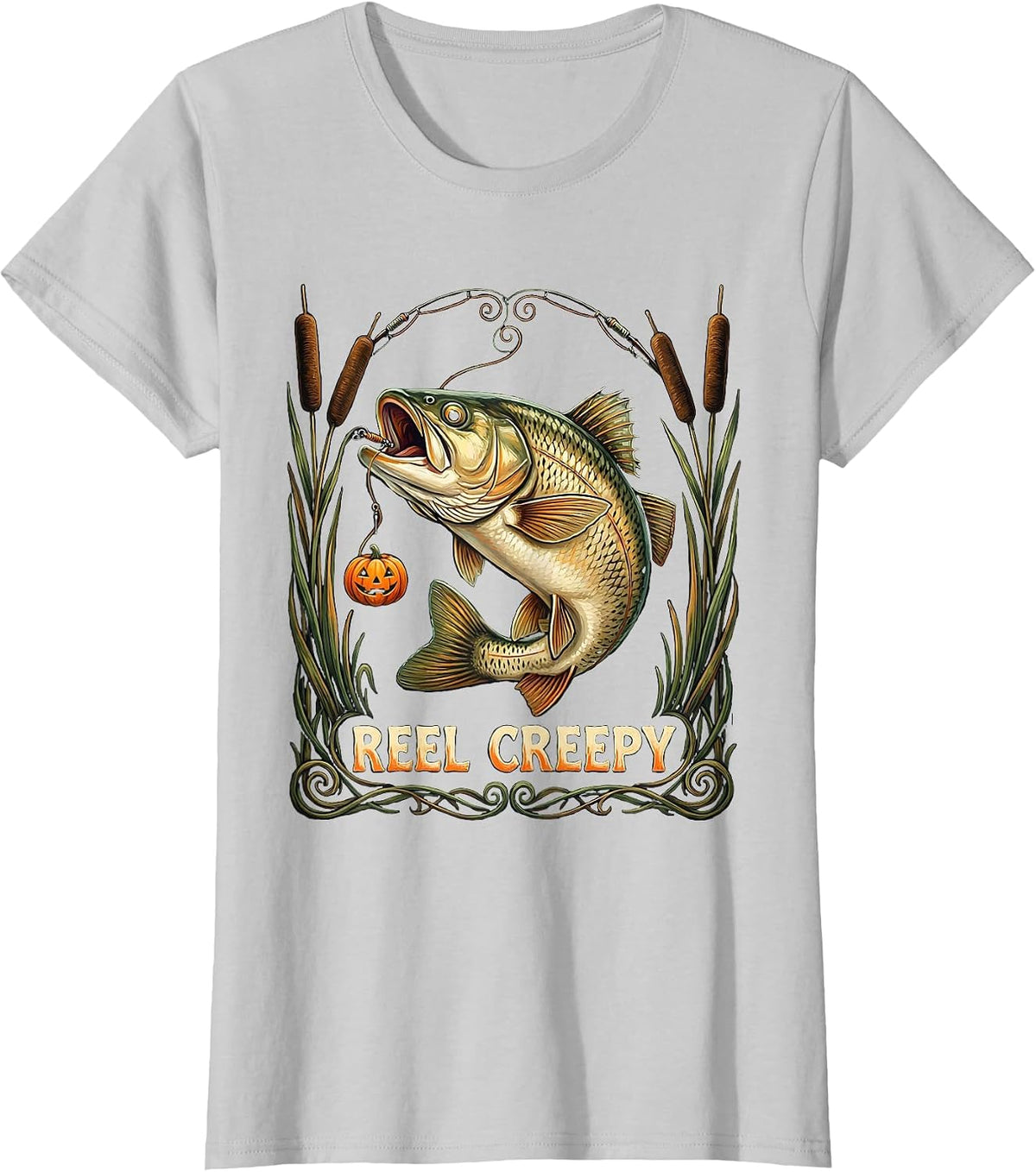 Reel Creepy Folk Art Halloween Fishing Ghost Trout Gift T-Shirt - Silver Grey