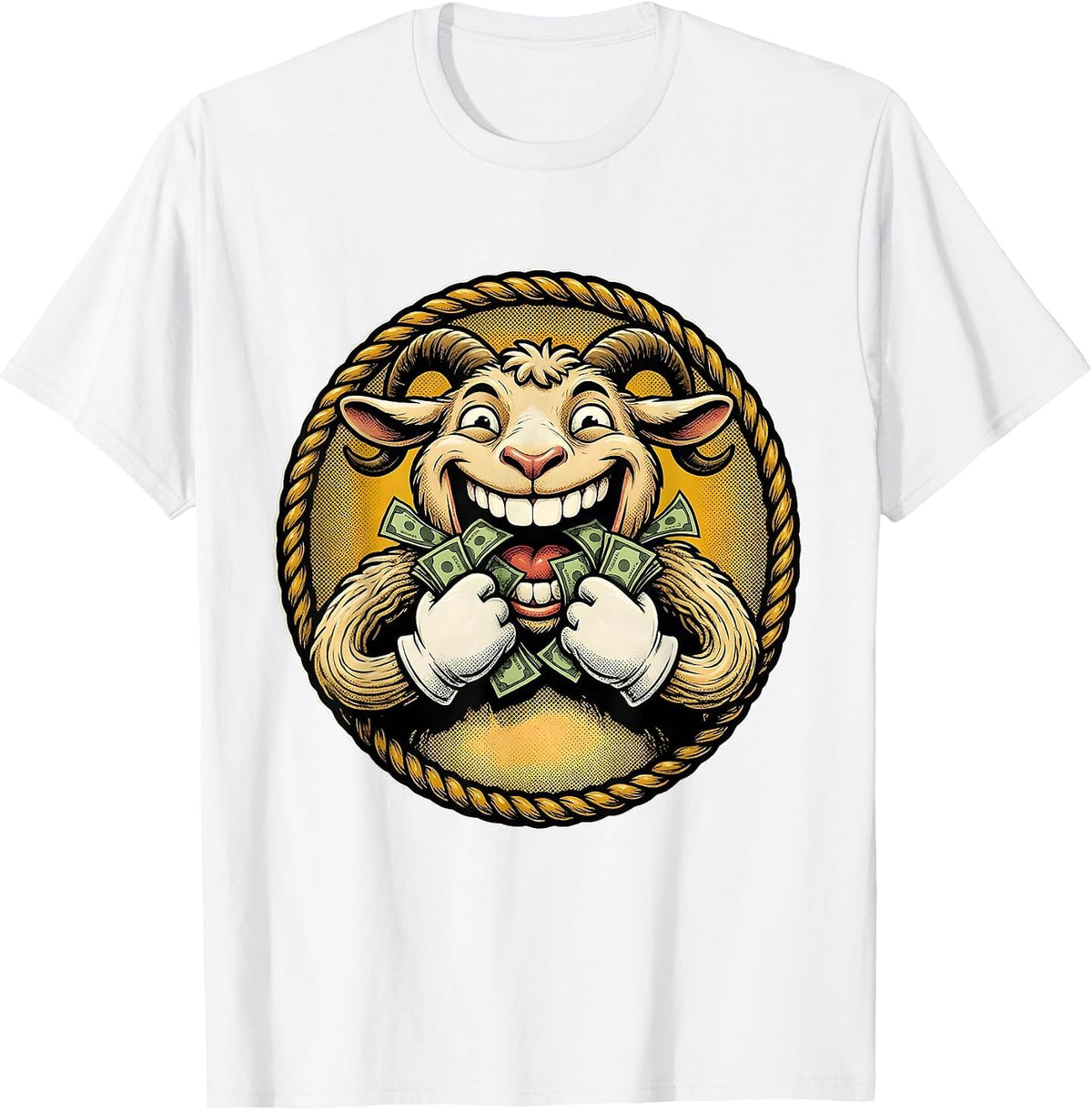 Men's Funny Goat Eating Dollar Bills Illustration T-Shirt - White
