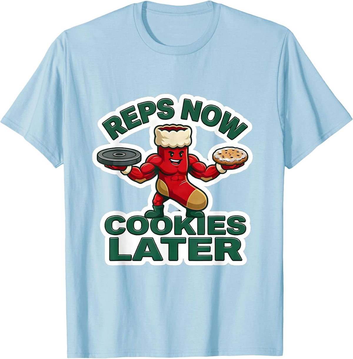 Men's Reps Now Cookies Later Funny Gym Christmas Weightlifting T-Shirt - Baby Blue