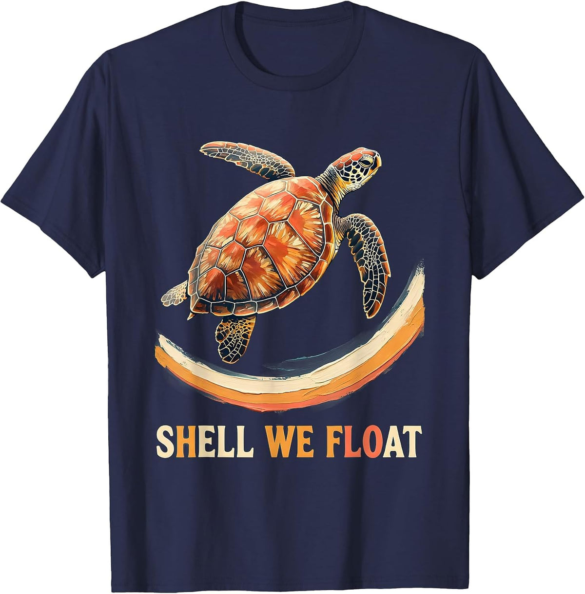 Men's Shell We Float Cute Sea Turtle Ocean Animal Tropical T-Shirt - Navy Blue