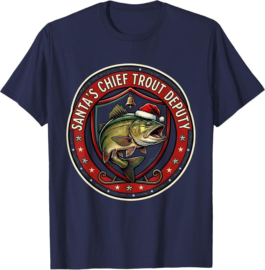 Santa's Chief Trout Deputy Funny Fishing Christmas Ugly T-Shirt - Navy Blue