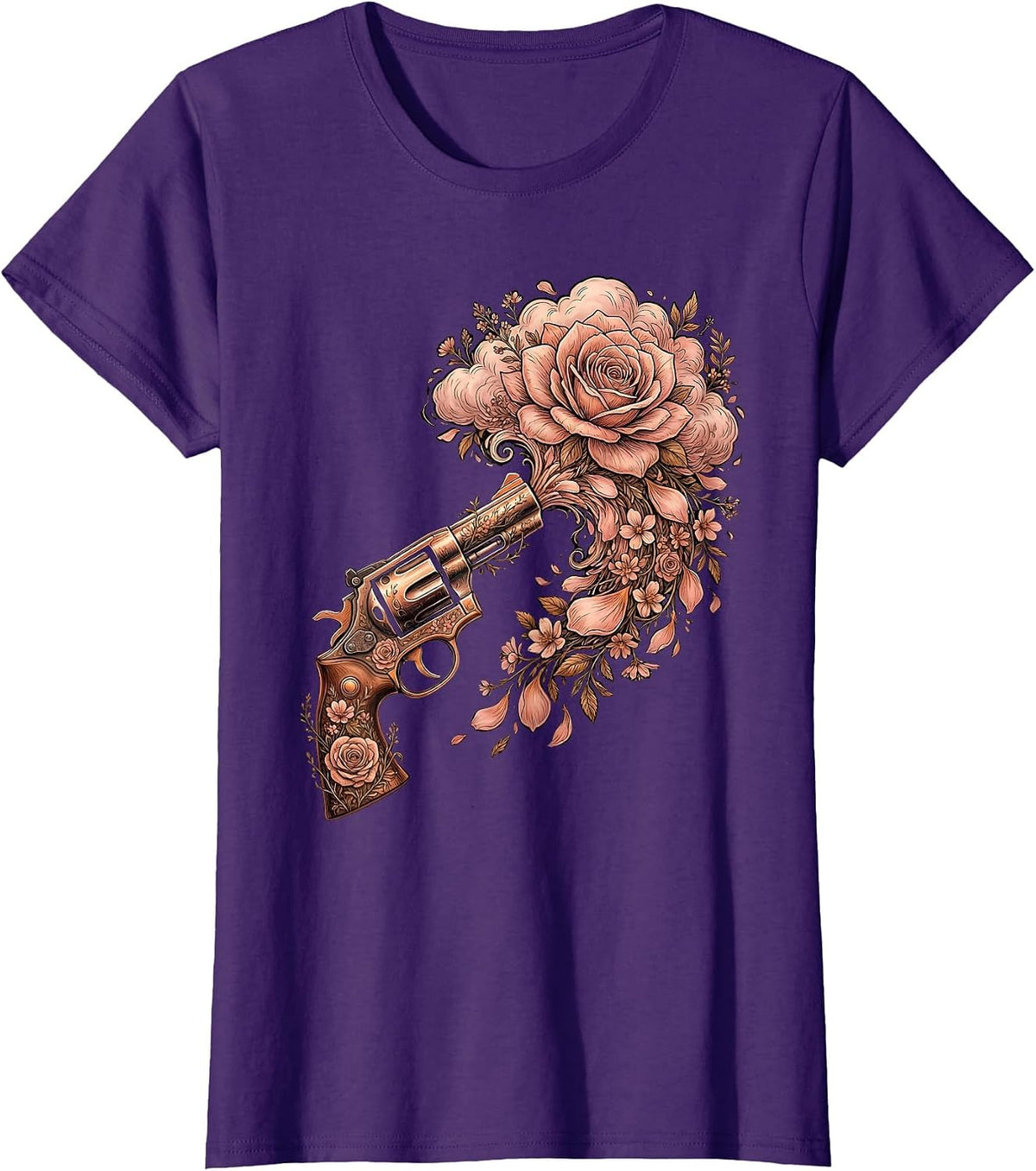 Women's Floral Revolver Western Wildflower Gun Design T-Shirt - Purple