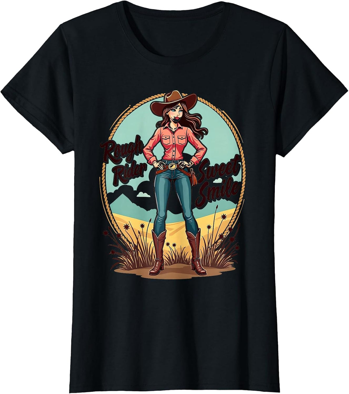 Rough Rider Sweet Smile Western Rodeo Mama Design T-Shirt - Black