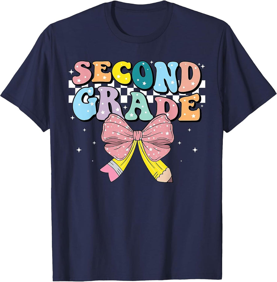 Second Grade Coquette Pencil Girls 2nd Grade Back to School T-Shirt - Navy Blue