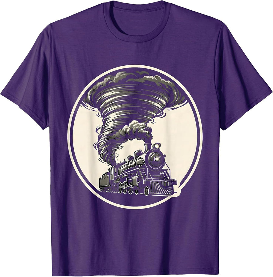 Men's Train Engine Emerging From Tornado Funnel T-Shirt - Purple
